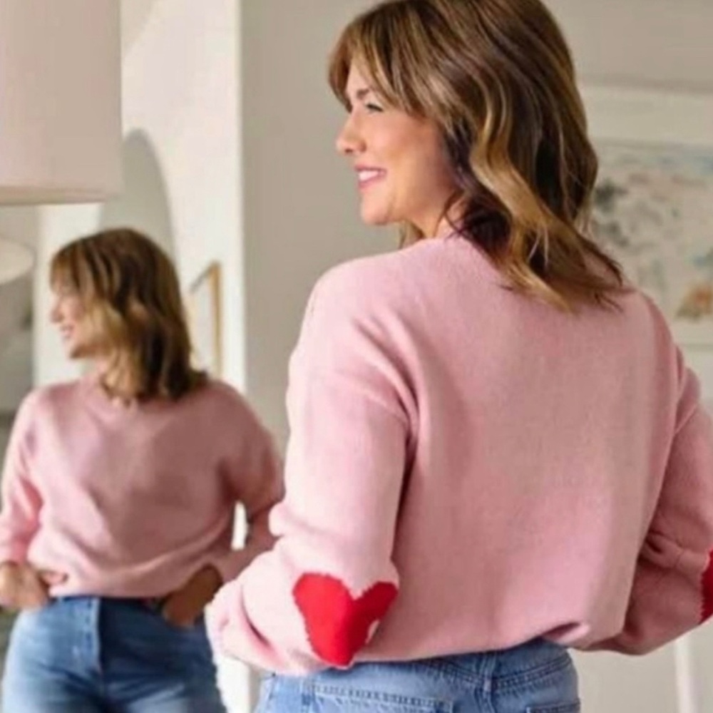 Jillian Harris/Joe Fresh Pink Crewneck Sweater with Red Heart Elbow Patches